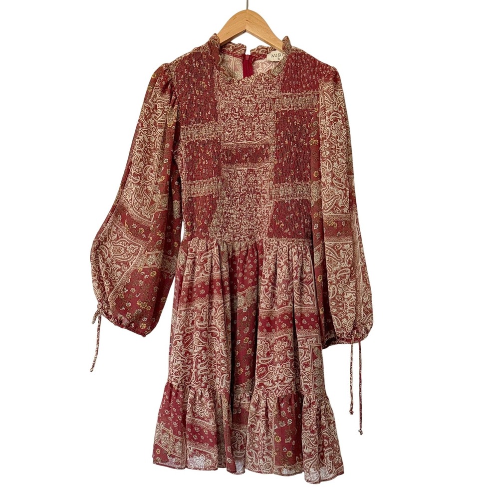 Aura Paisley Smocked Lined Dress Women's Small Rust Red Boho Peasant Cottagecore